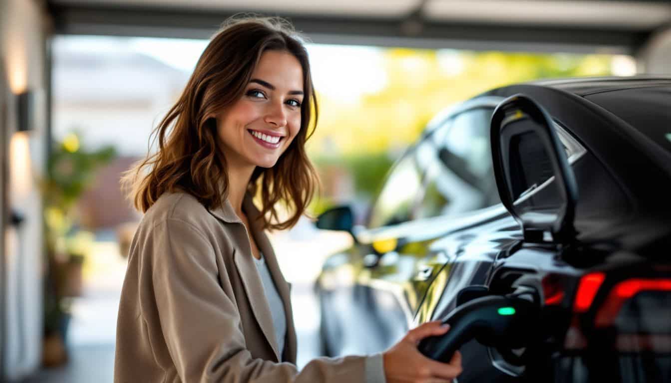 A woman in her 30s smiles while plugging in her Tesla Model 3 at home.