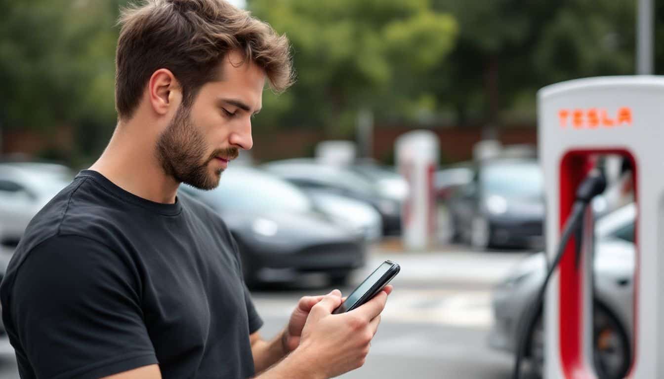 A man in his 30s checks Tesla Supercharger prices on his phone.