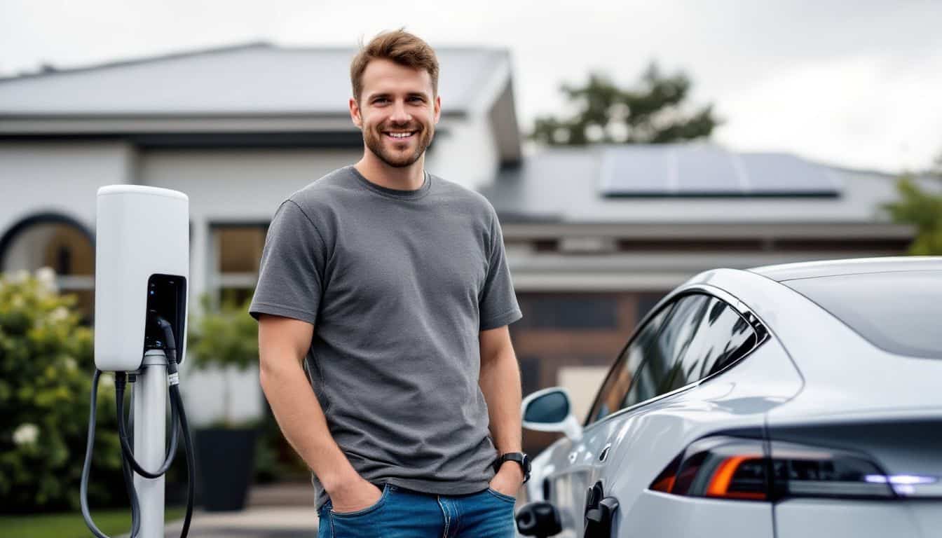 A man in casual clothes stands by a Tesla car charging at home.