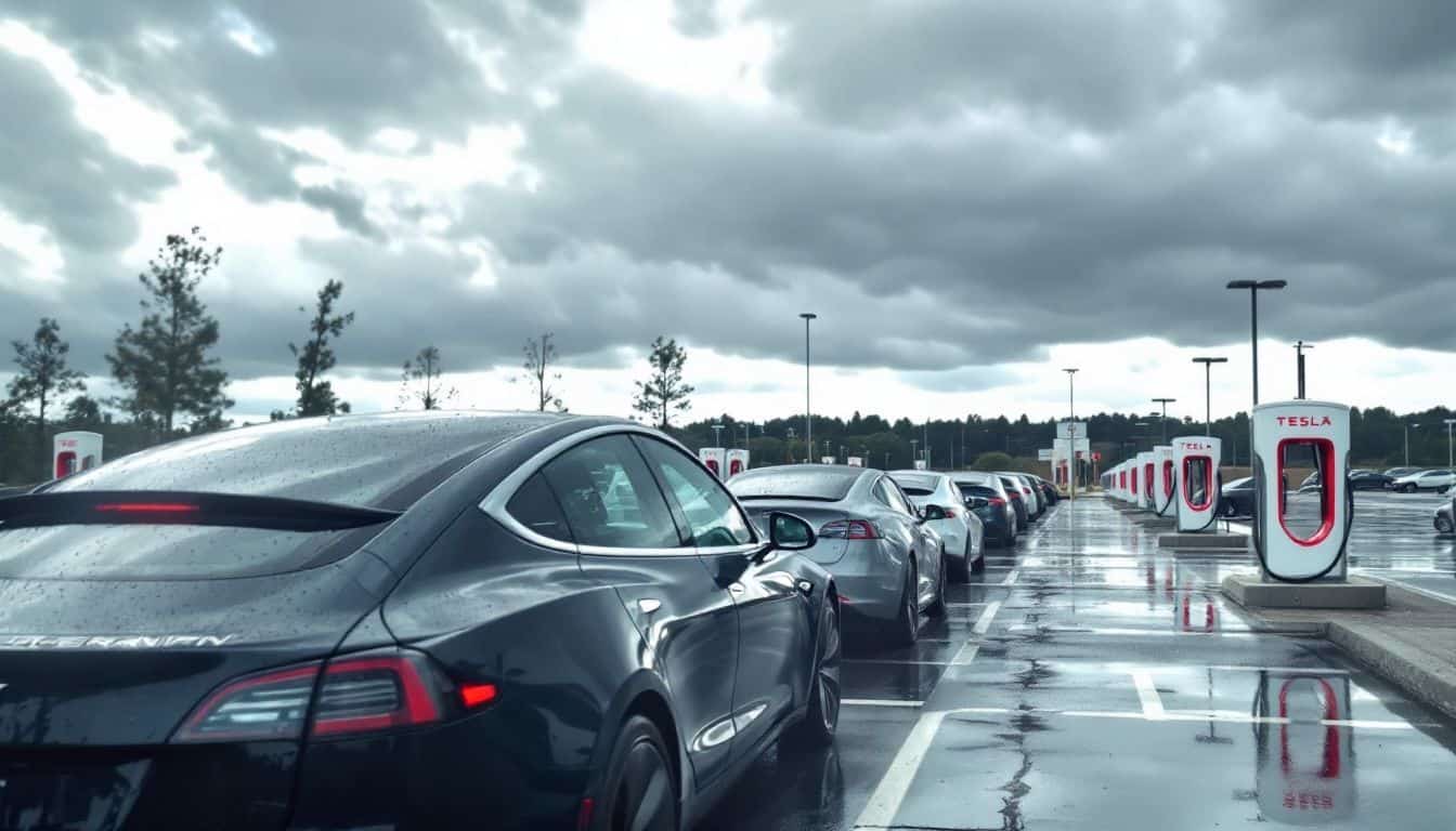 A Tesla Model 3 parked at a busy Supercharger station.