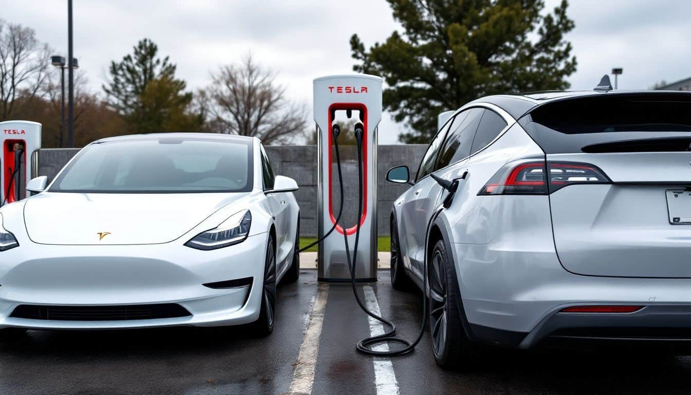 Two Tesla vehicles charging at a station on a cloudy day.