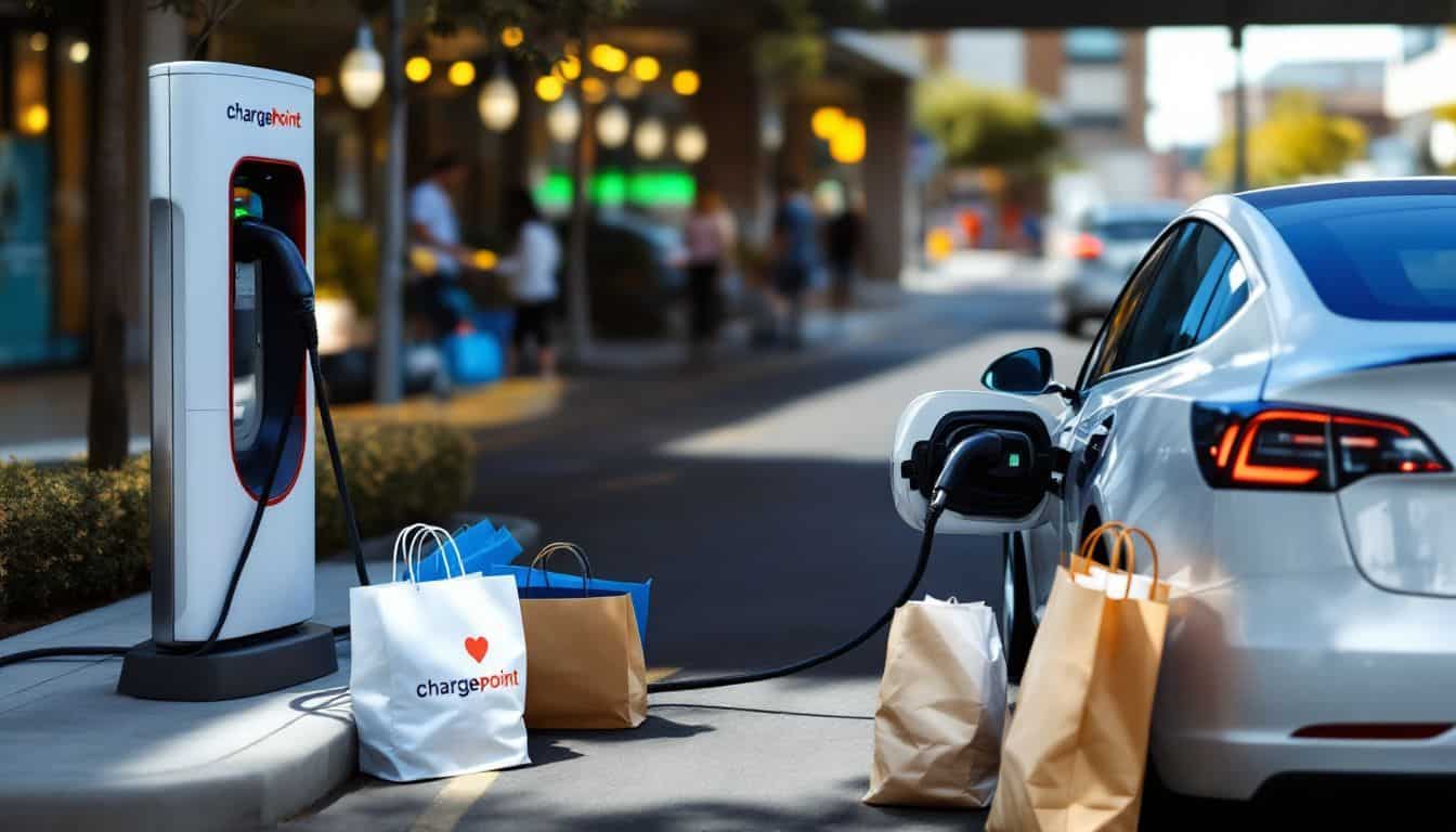 A Tesla Model 3 is charging at a ChargePoint station in a busy mall parking lot, while shopping bags are scattered around the car.