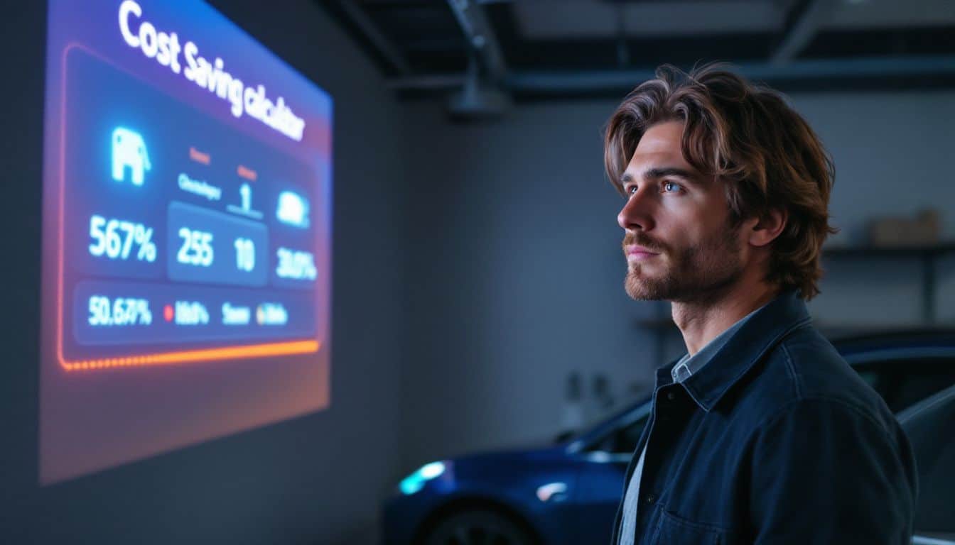 A man in his mid-30s stands next to a Tesla electric car, examining a digital charging cost-saving calculator in a garage.