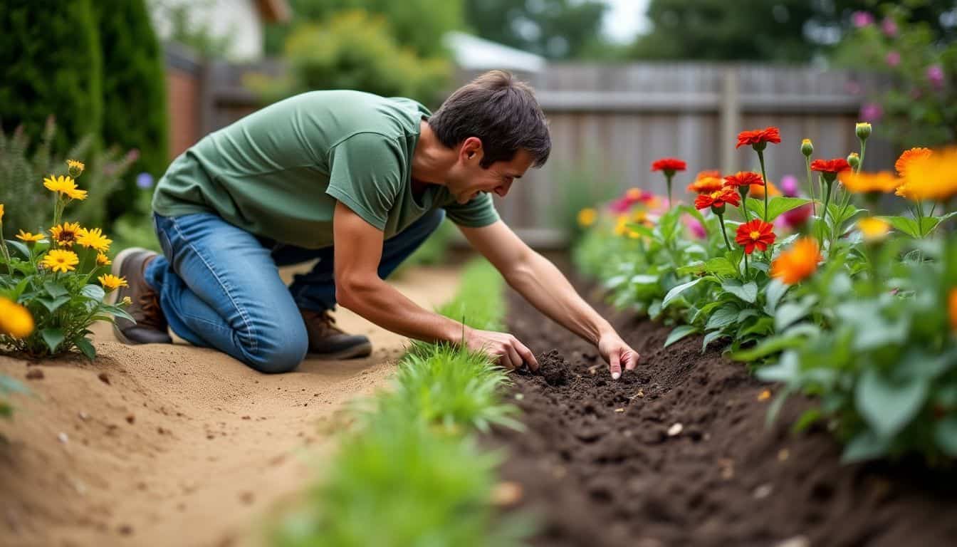 A gardener checking soil moisture in a suburban backyard filled with flowers.