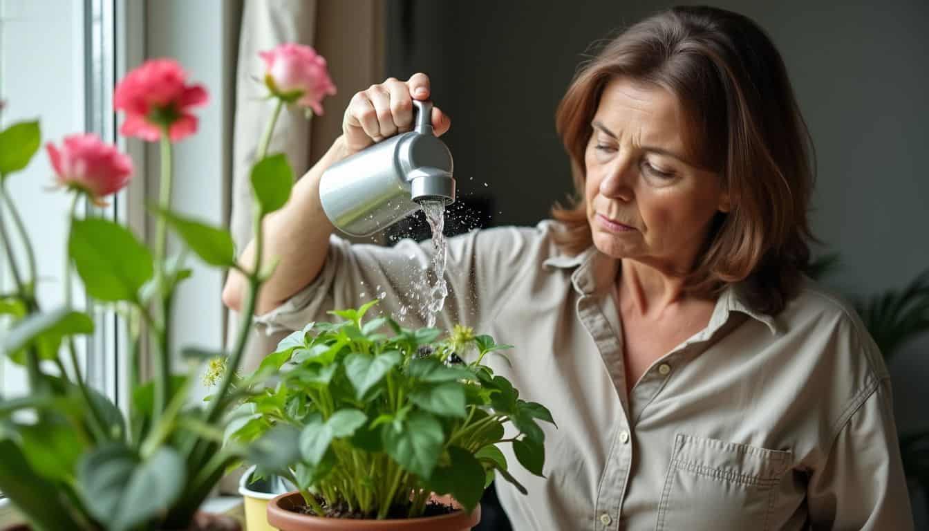 A woman overwaters indoor plants, causing wilting due to lack of drainage.