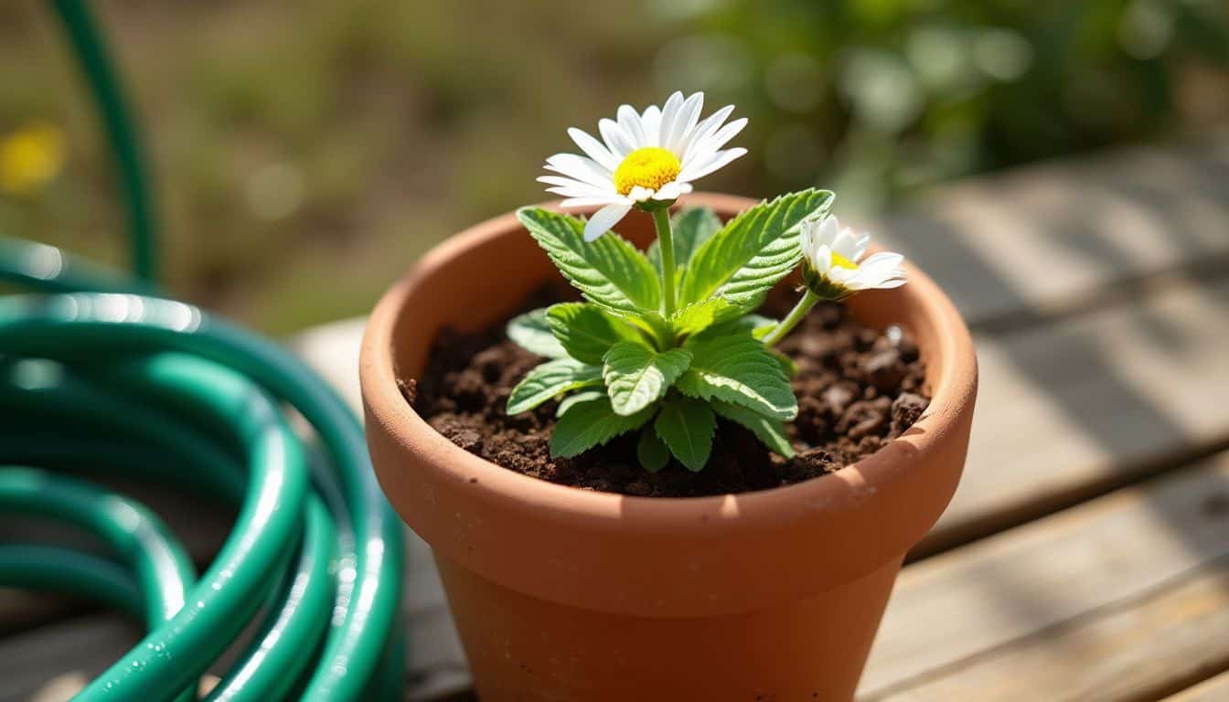 A close-up of a terracotta flower pot with vibrant blooming daisies.