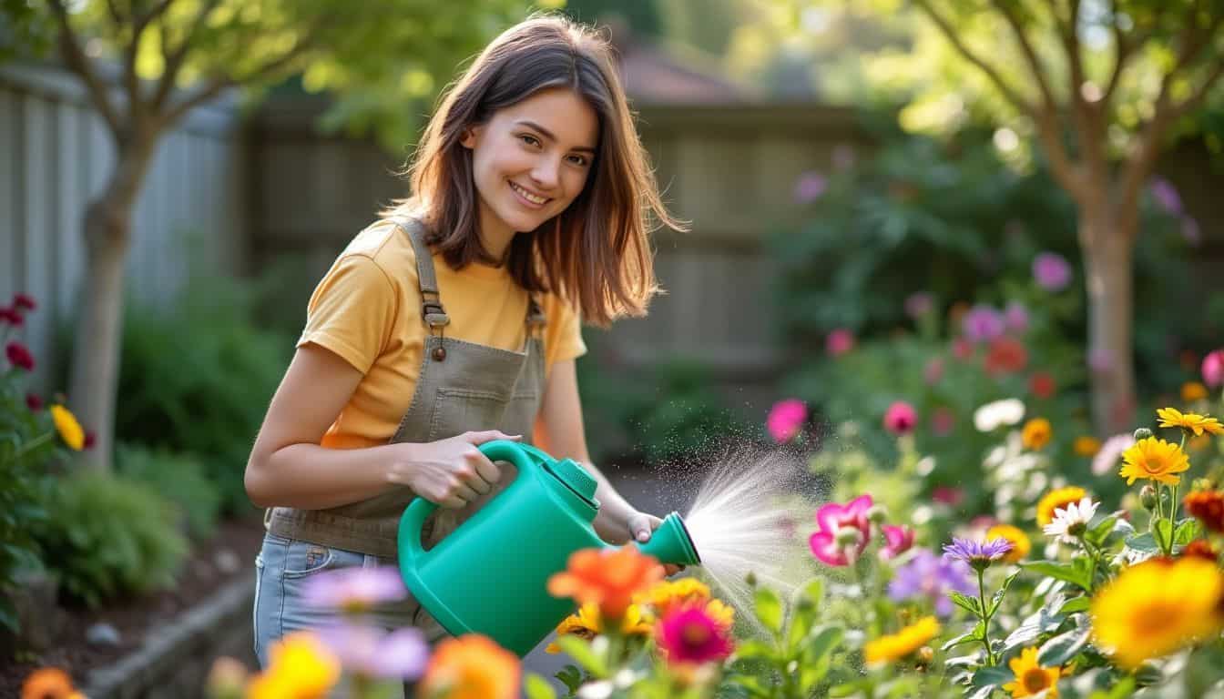 A young woman waters colorful flowers in a small backyard garden.