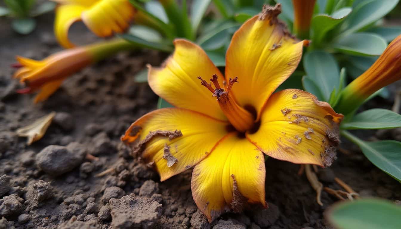 The photo shows a wilted and rotten flower with moldy soil.