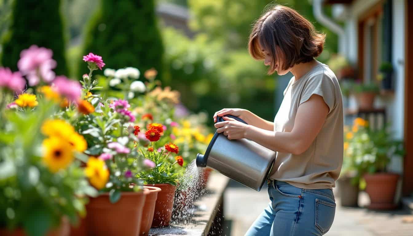 A gardener watering potted flowers on a sunny patio.