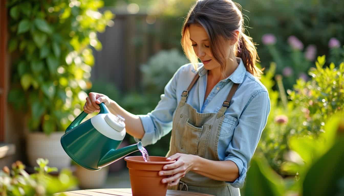 A woman in her 30s pours water into a flower pot on her garden patio.