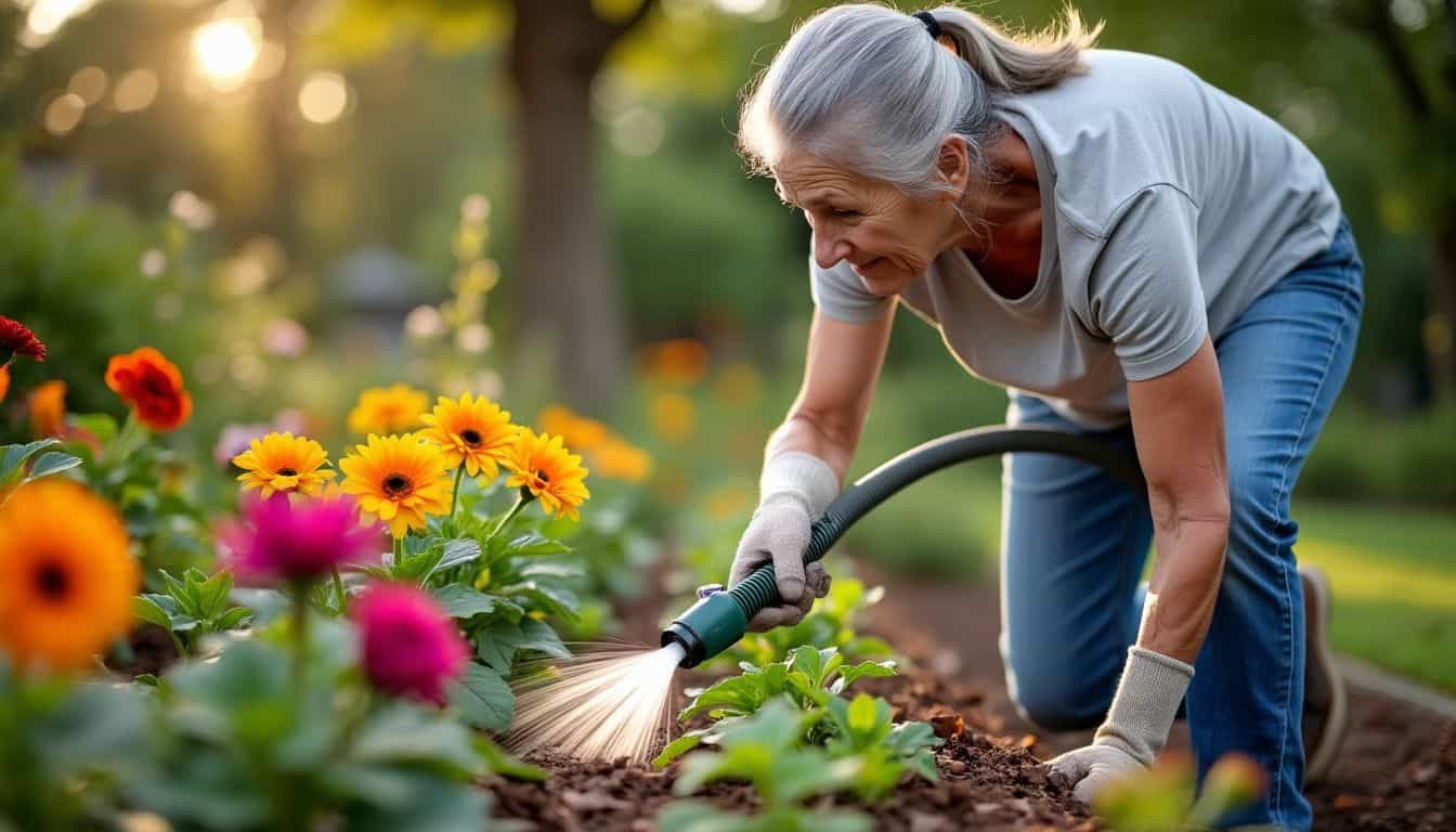 An elderly woman tends to her garden, watering vibrant flowers.