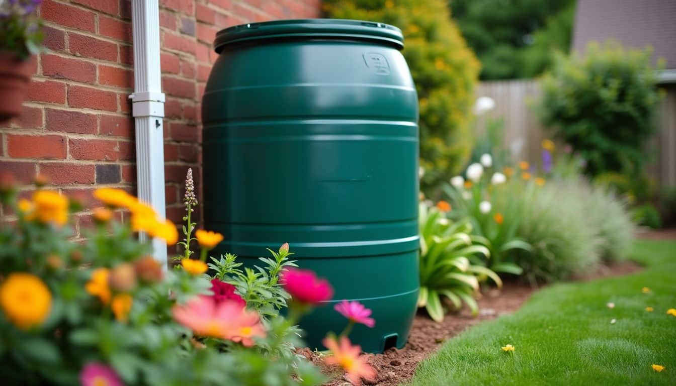 A rain barrel in a garden collects rainwater for watering plants.