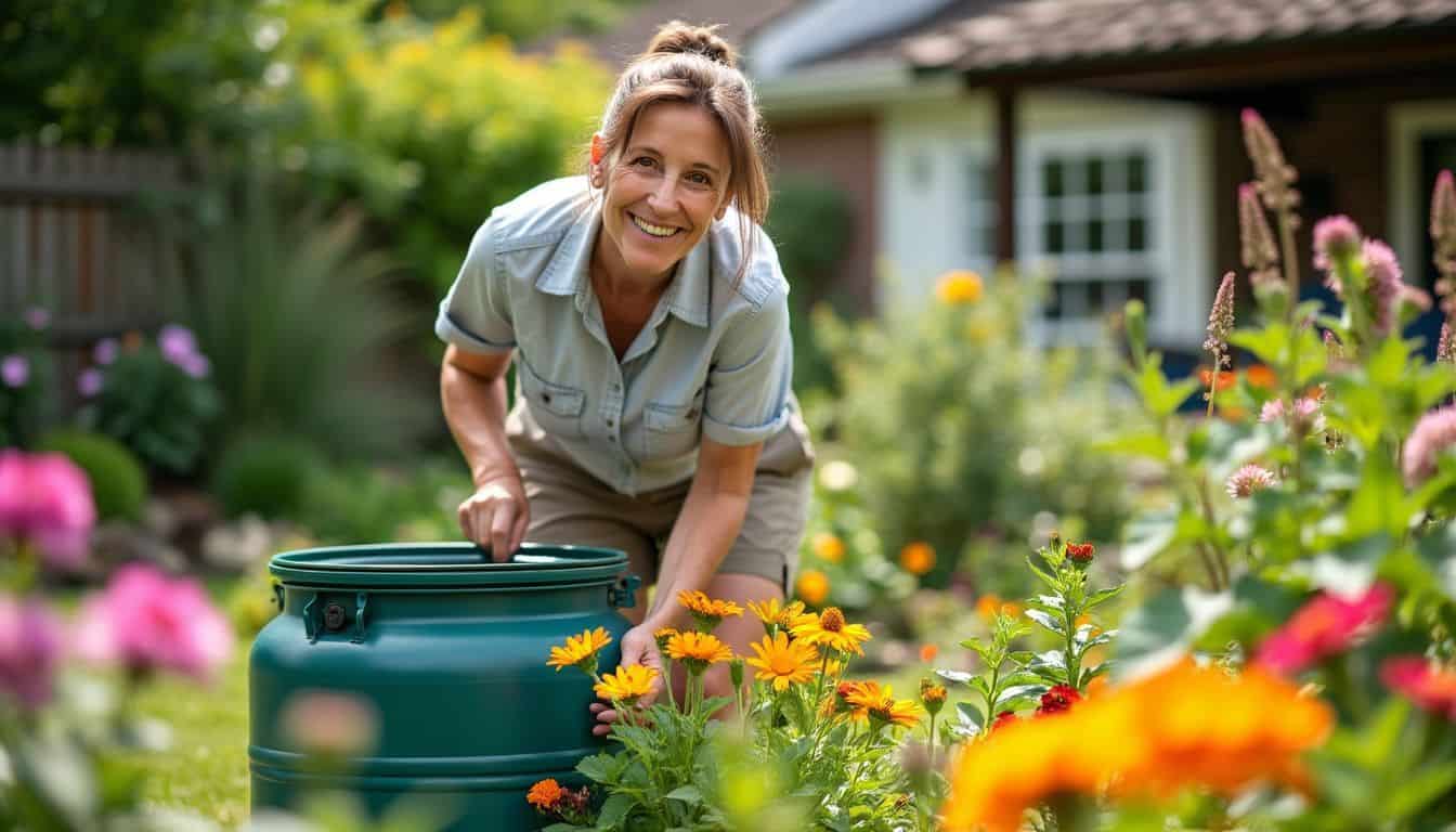 A woman in her 40s sets up a rain barrel in her backyard garden.