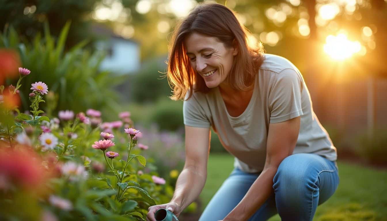 A woman tends to her garden in the early morning.