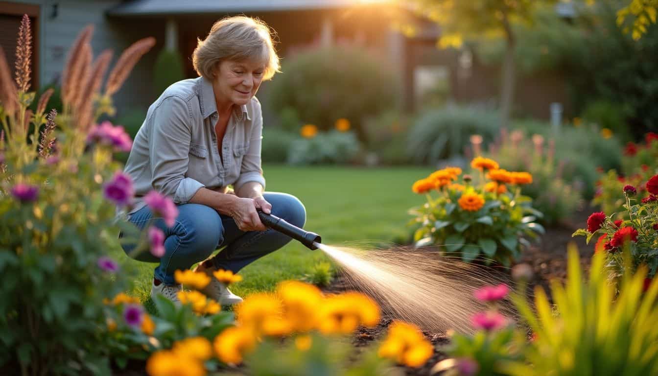 A woman in her 50s waters her garden flower beds.