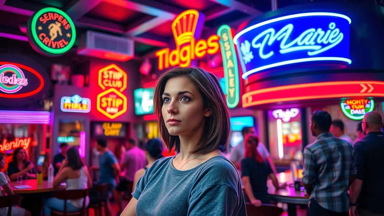 A woman stands in a lively strip club, evaluating it for work.