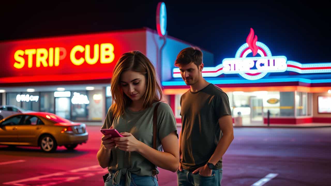 A young woman and her male friend stand outside a strip club.