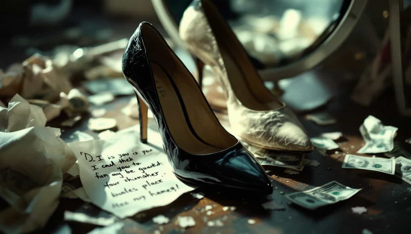 Worn high heels on cluttered dressing room floor with dollar bills.