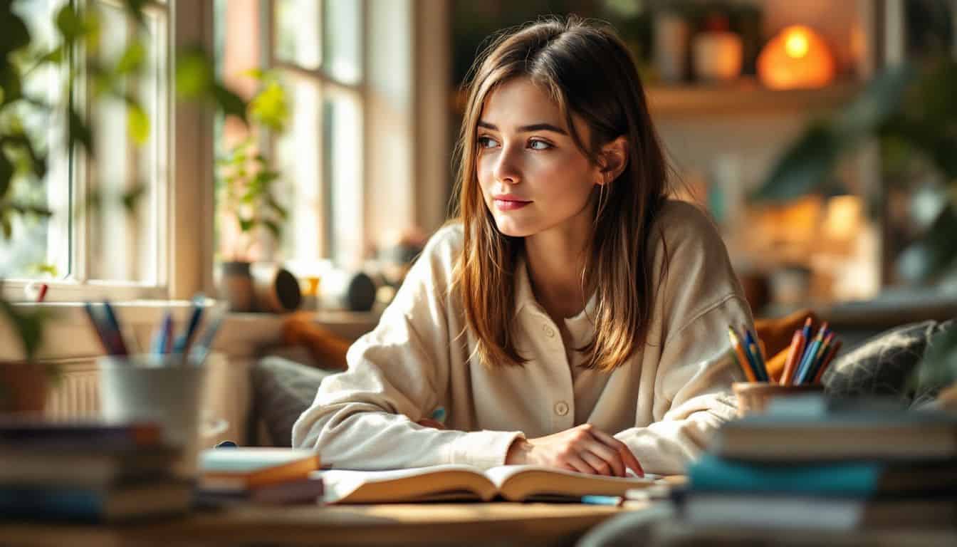 A teenage girl is deeply focused on her studies in a cozy study nook.