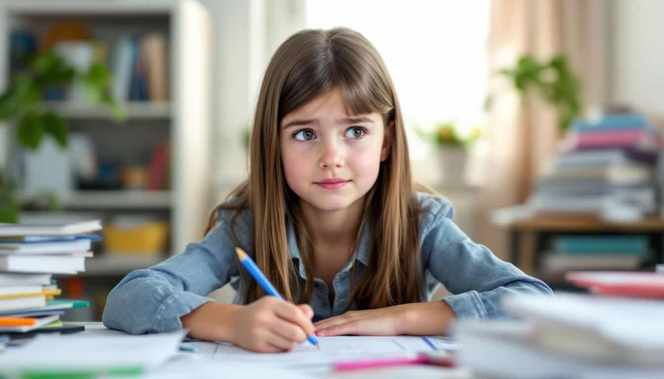 A young girl sits at a cluttered desk in thought.