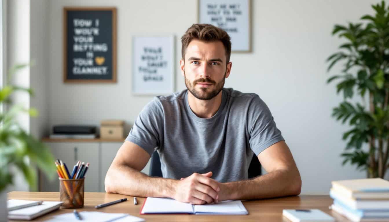 A man sitting at a desk setting SMART goals for personal growth.