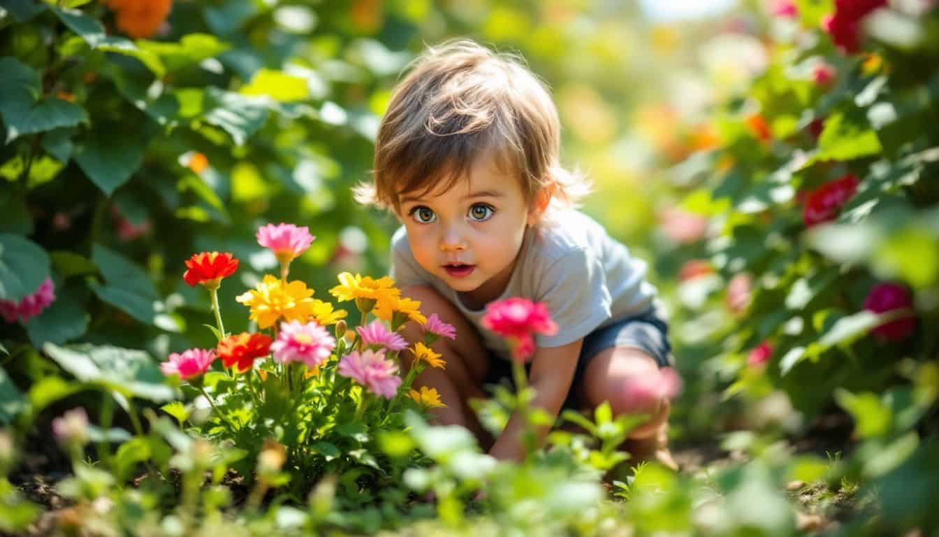 A young child explores vibrant garden flowers with curiosity and fascination.