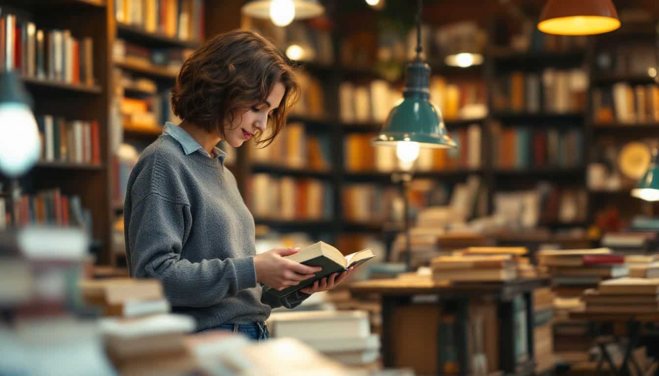 A young adult enjoying browsing books in a cozy local bookstore.