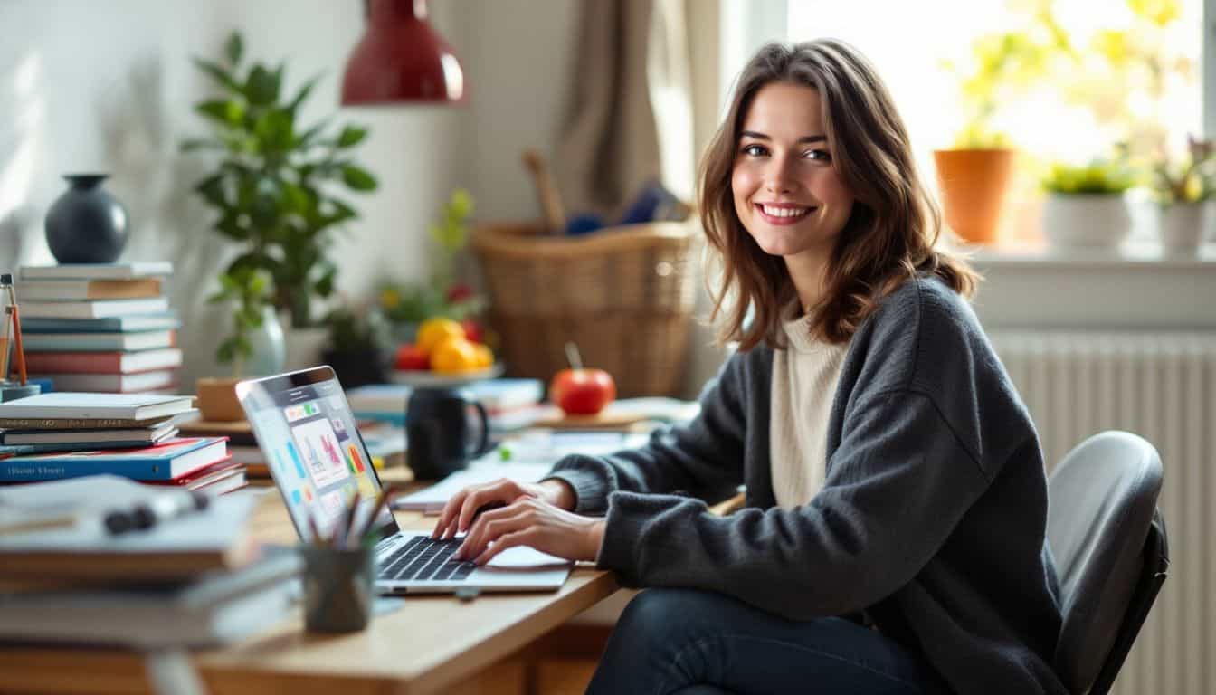 A young woman studies and works on a science project at home.