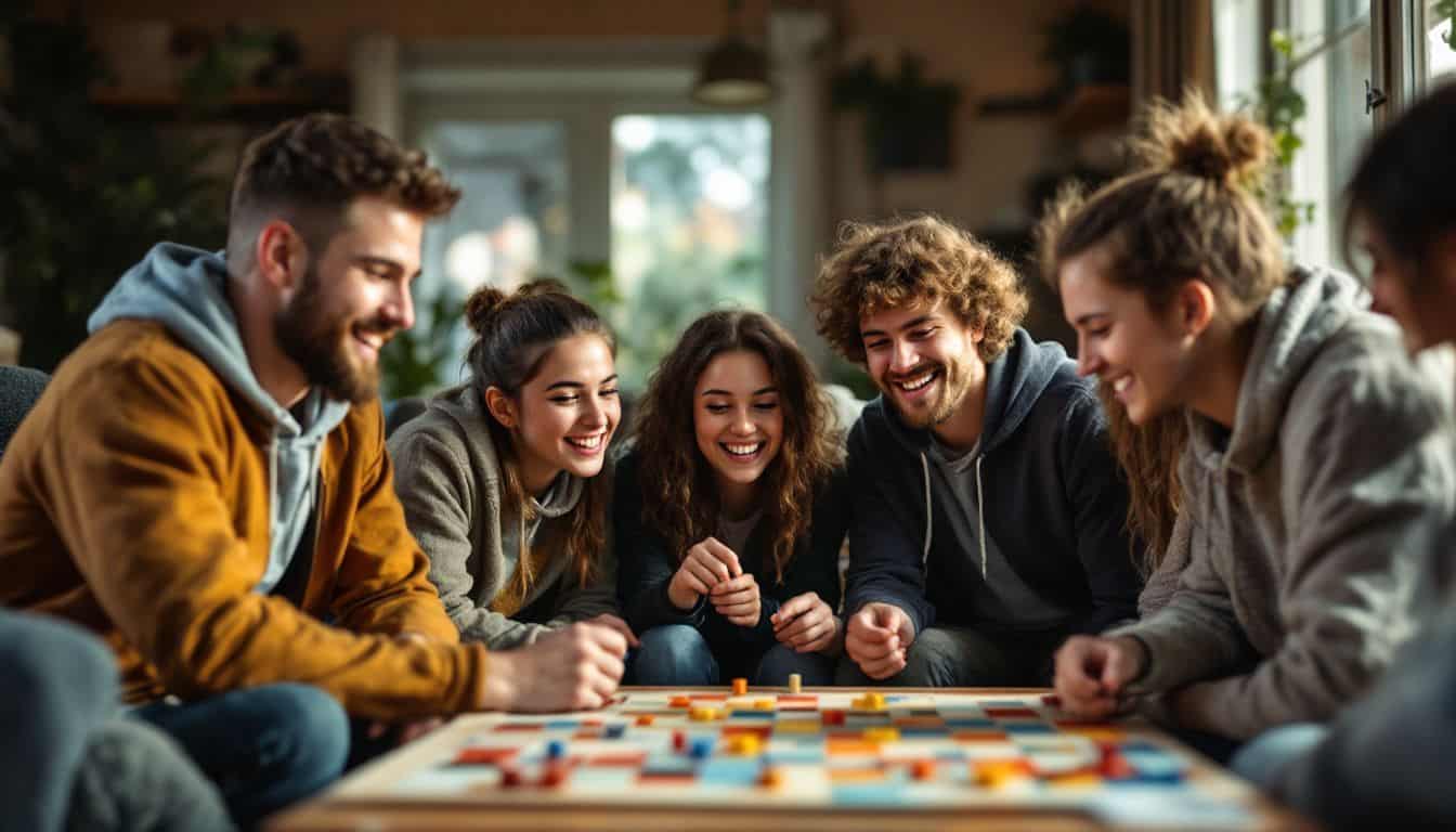 High school students enjoy interactive educational board game in cozy living room.