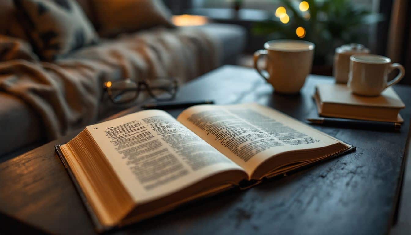 A cozy living room with an open book, notebooks, pens, and glasses.