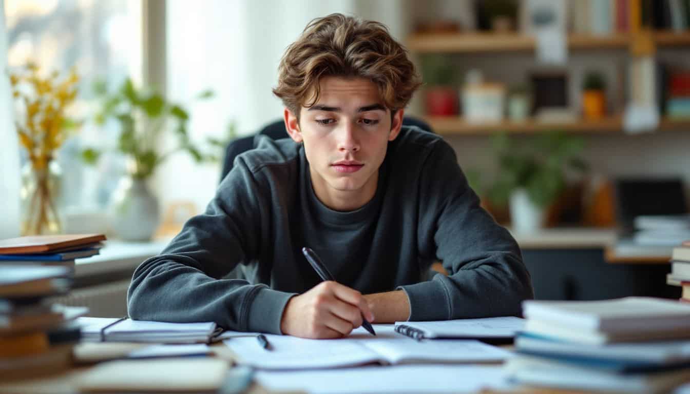 A teenager focused on studying math at a cluttered desk.