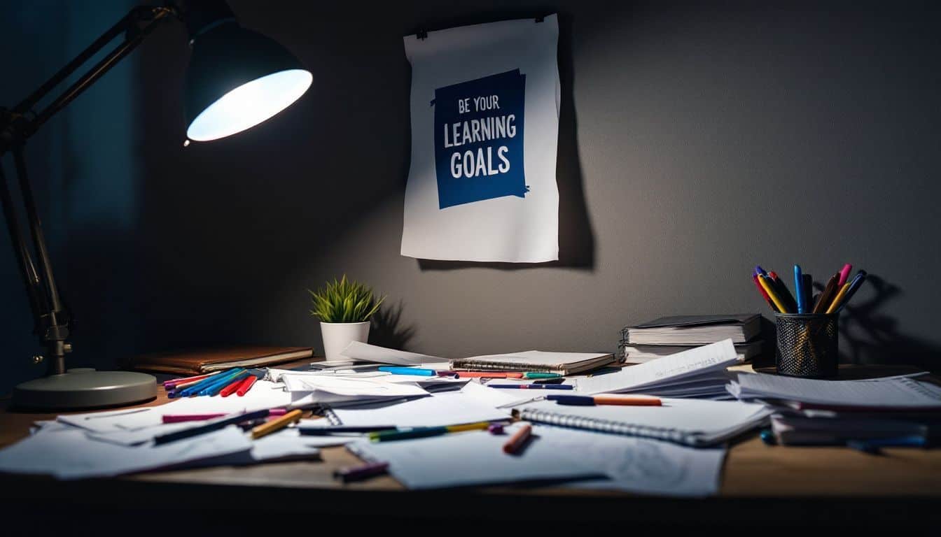 A cluttered desk with notebooks, pens, and a motivational poster.