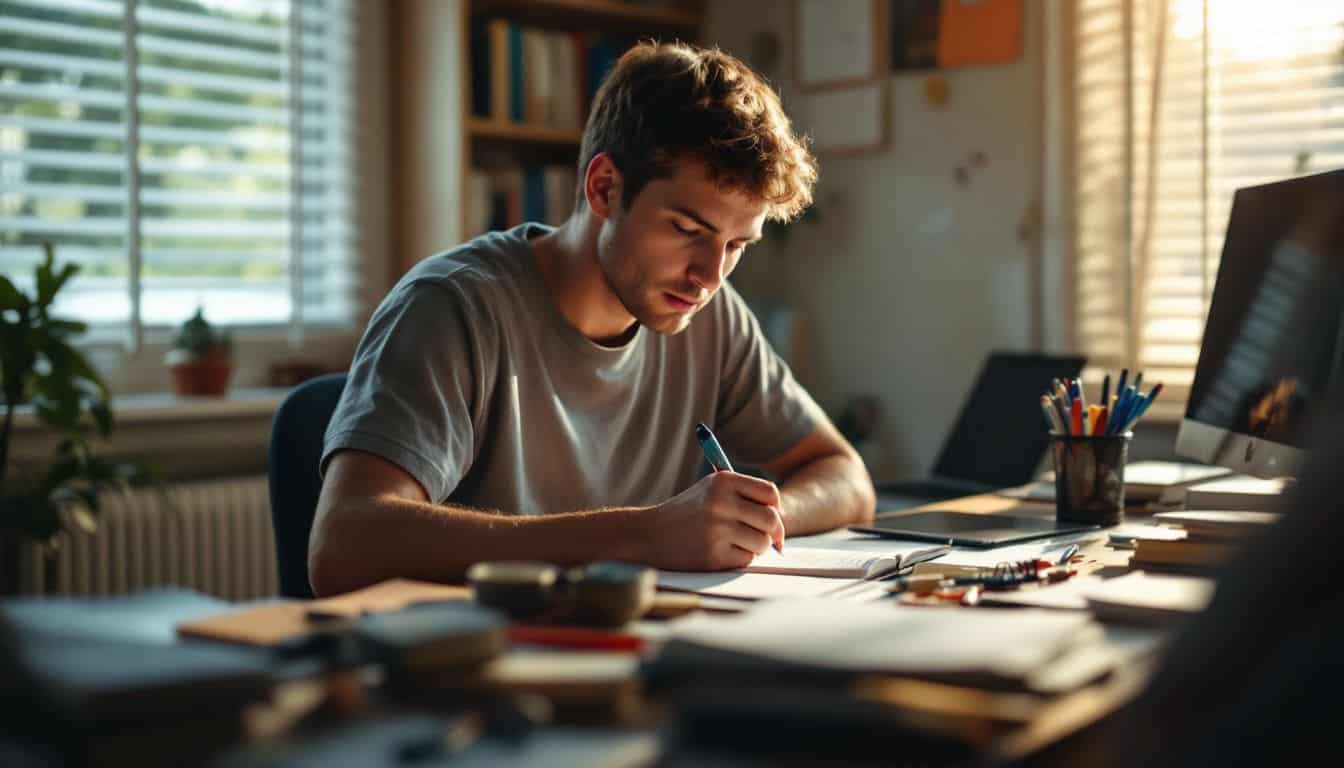 A person writing and organizing tasks at a cluttered desk.