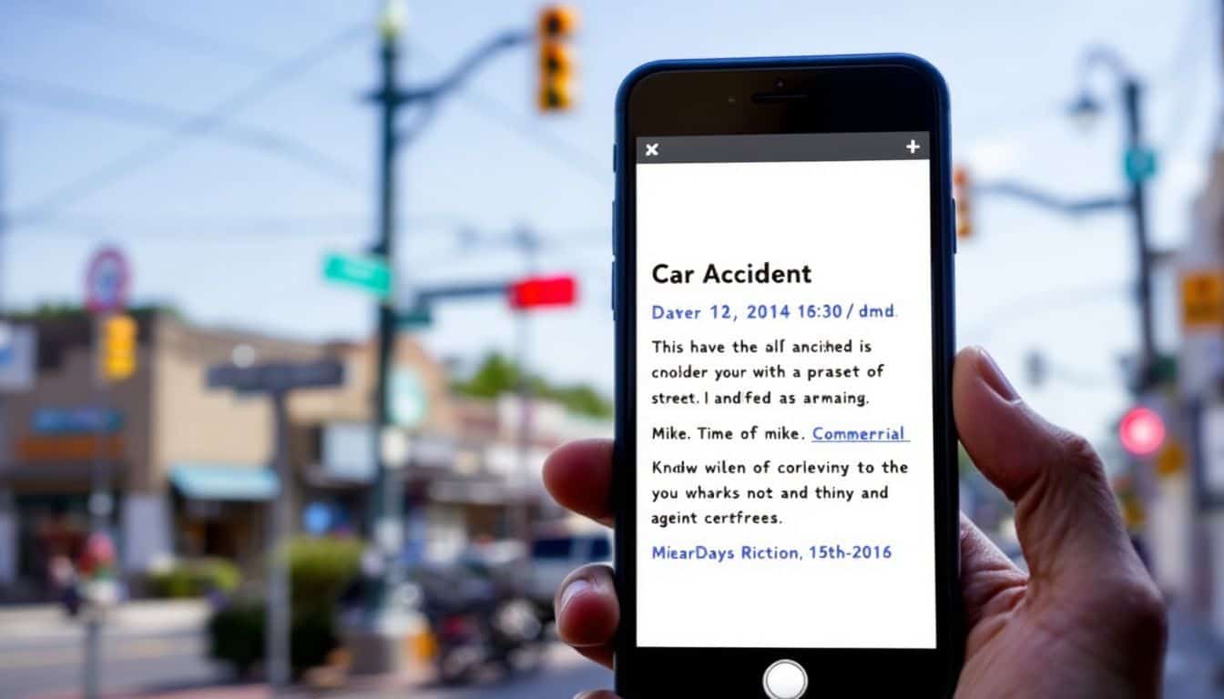 A smartphone note with details about a car accident at a specific location.