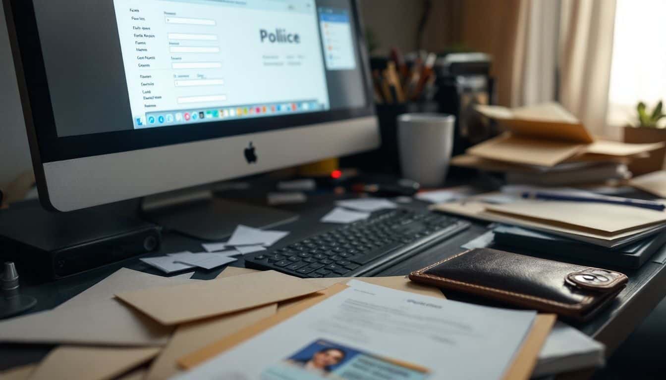 A cluttered desk with police report request form, envelopes, smartphone, and wallet.