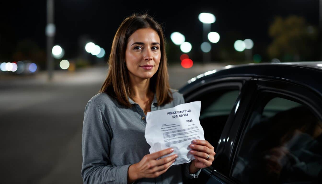 A woman holding a police report number next to her car.