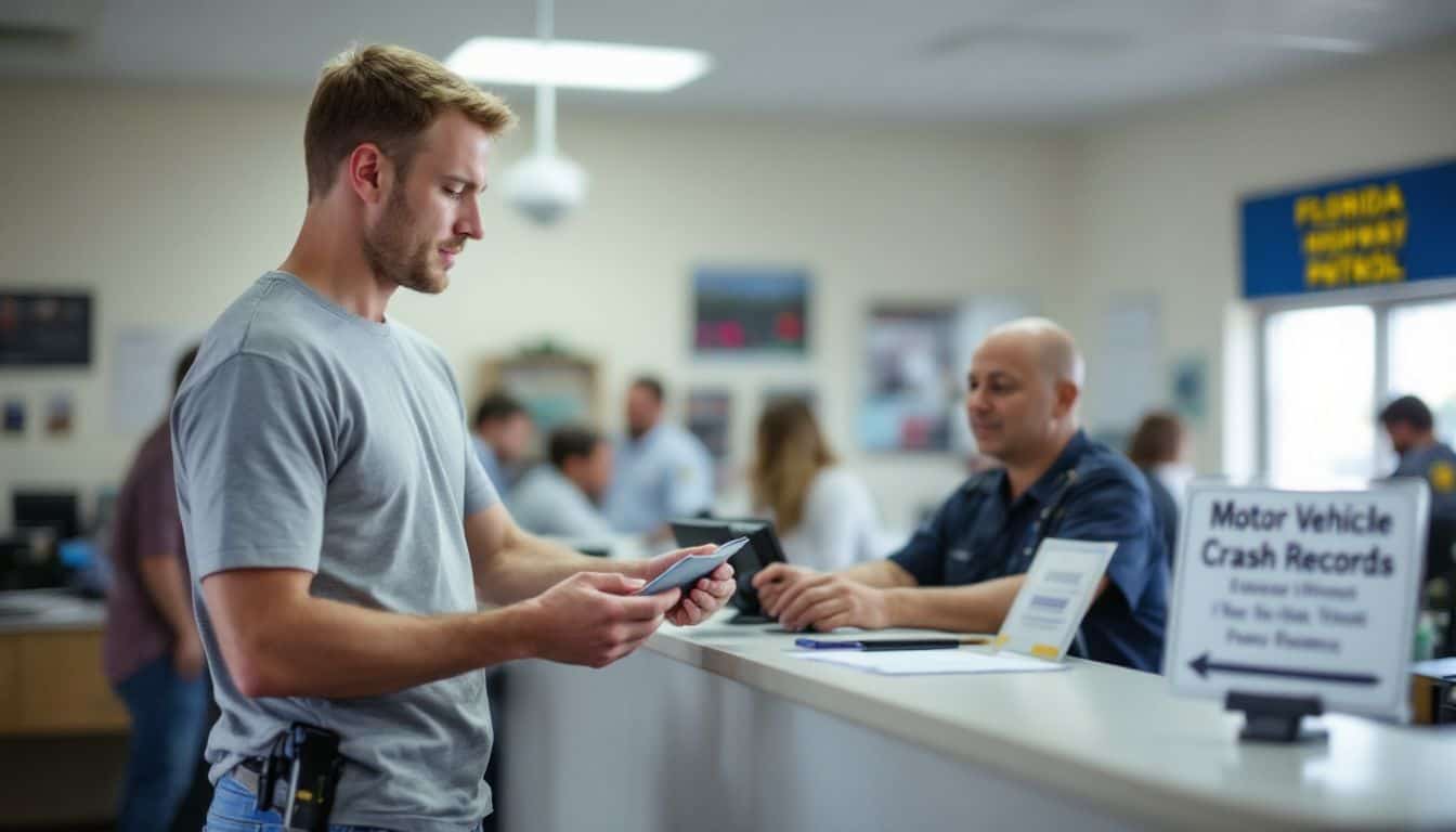 A man in his 30s is at a busy Florida Highway Patrol station, requesting a police report.