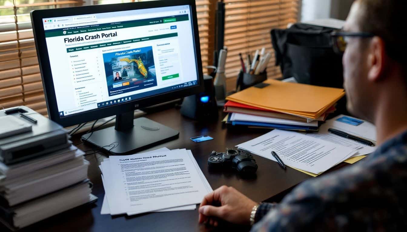 A computer screen displays the Florida Crash Portal website with driver's license and credit card on the desk.