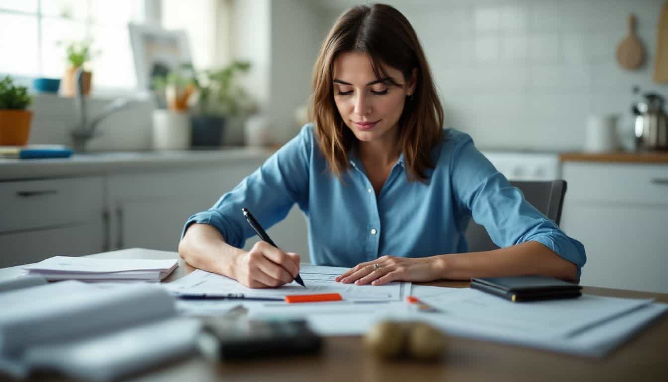 A woman in her 30s is filling out a crash report request form at her kitchen table.