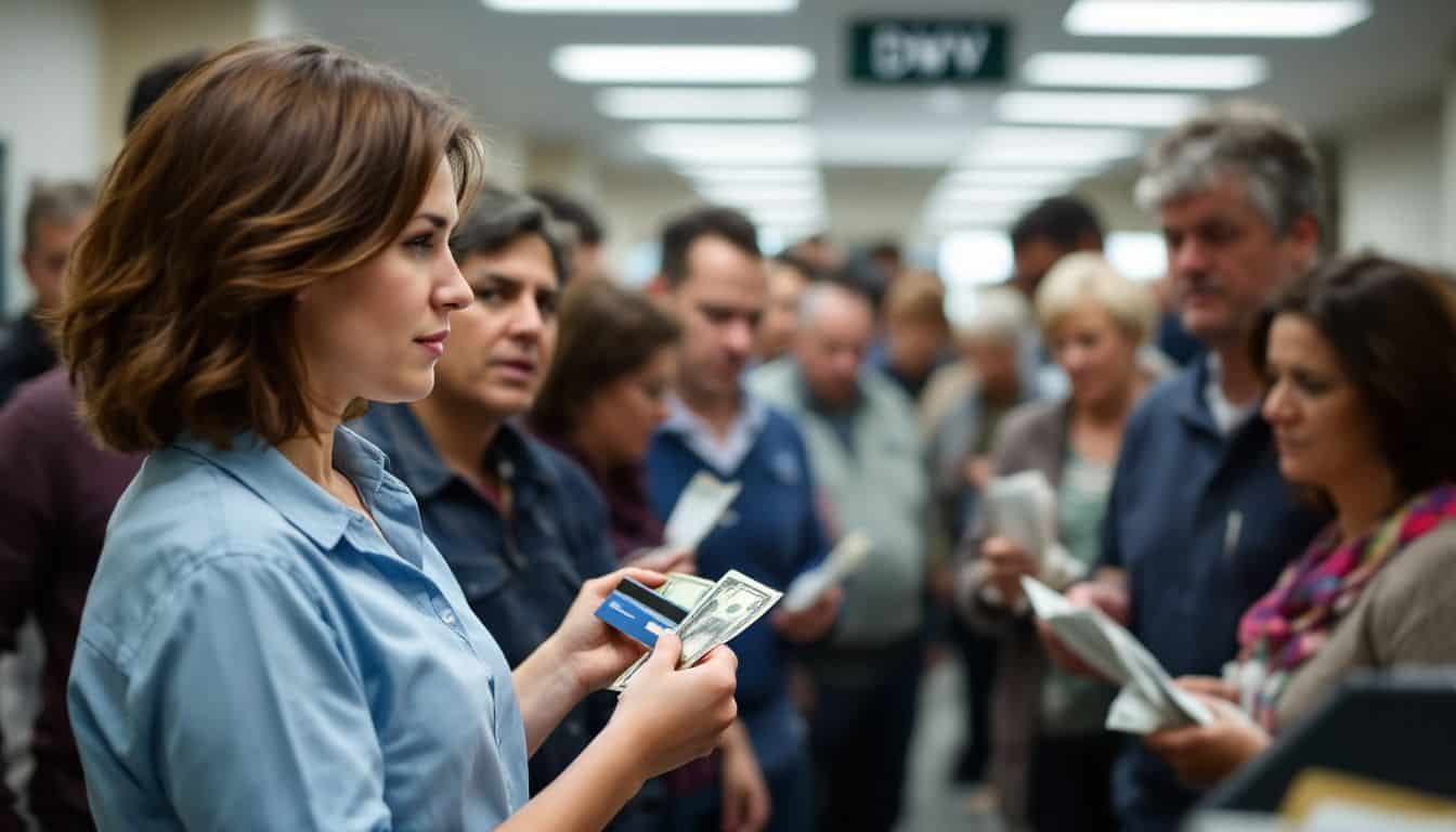 Person paying for car accident report at busy DMV office.