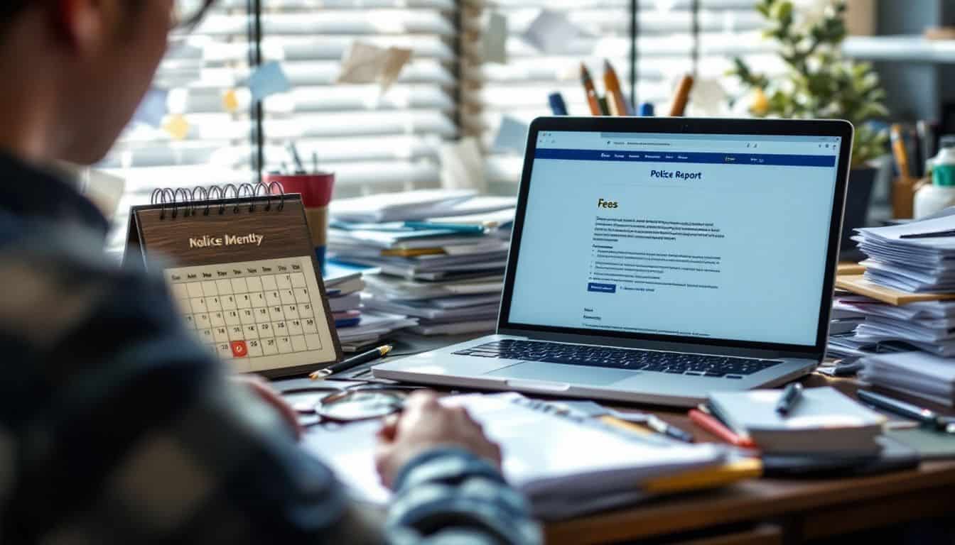 A cluttered home office desk with a laptop open to a police report application.