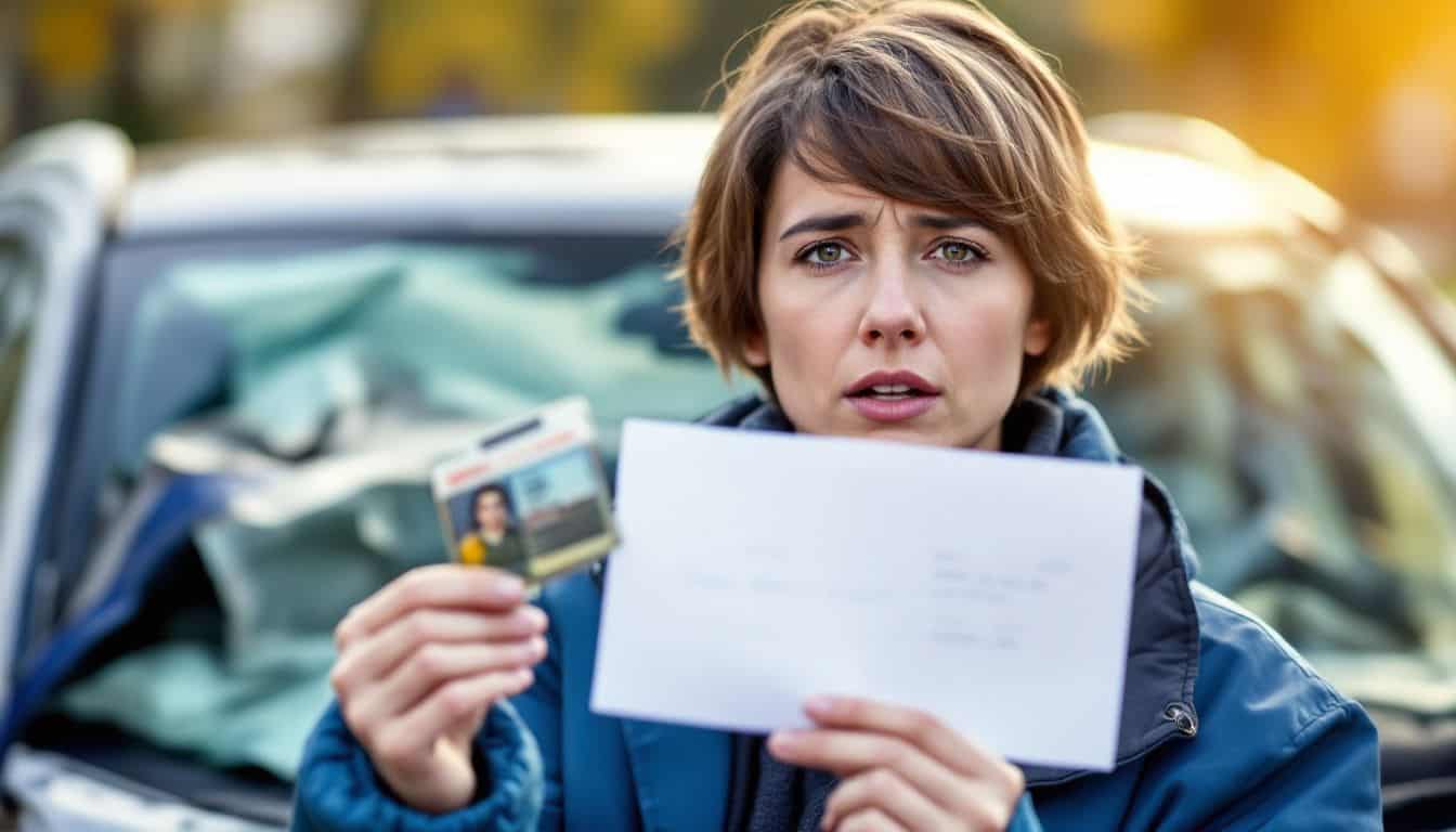 A person holds driver's license and crash details in front of damaged car.