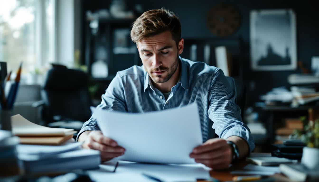 A man reviews a police report on a cluttered desk.