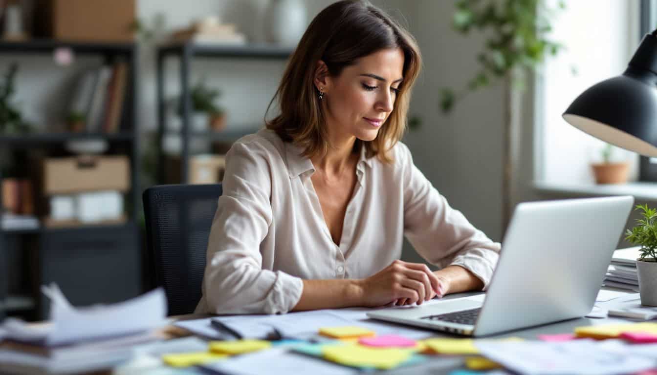 A woman working on CRM software in a cluttered office.