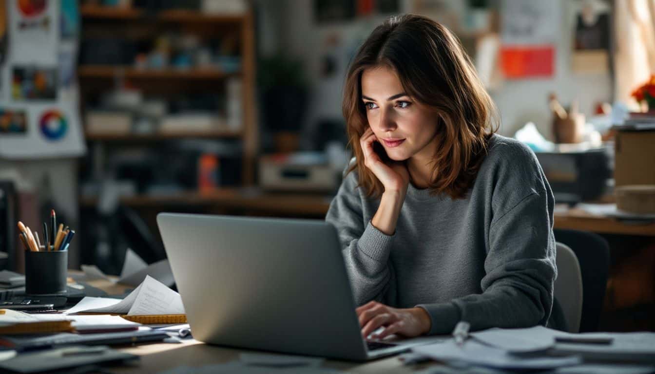 A woman in her 30s works at a cluttered desk in a dimly lit room.