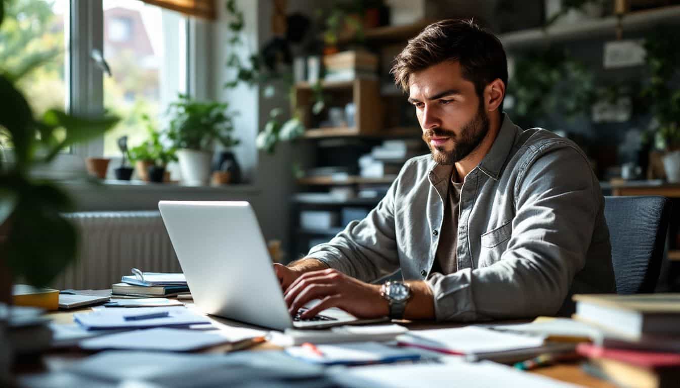 A focused entrepreneur works at cluttered home office desk.