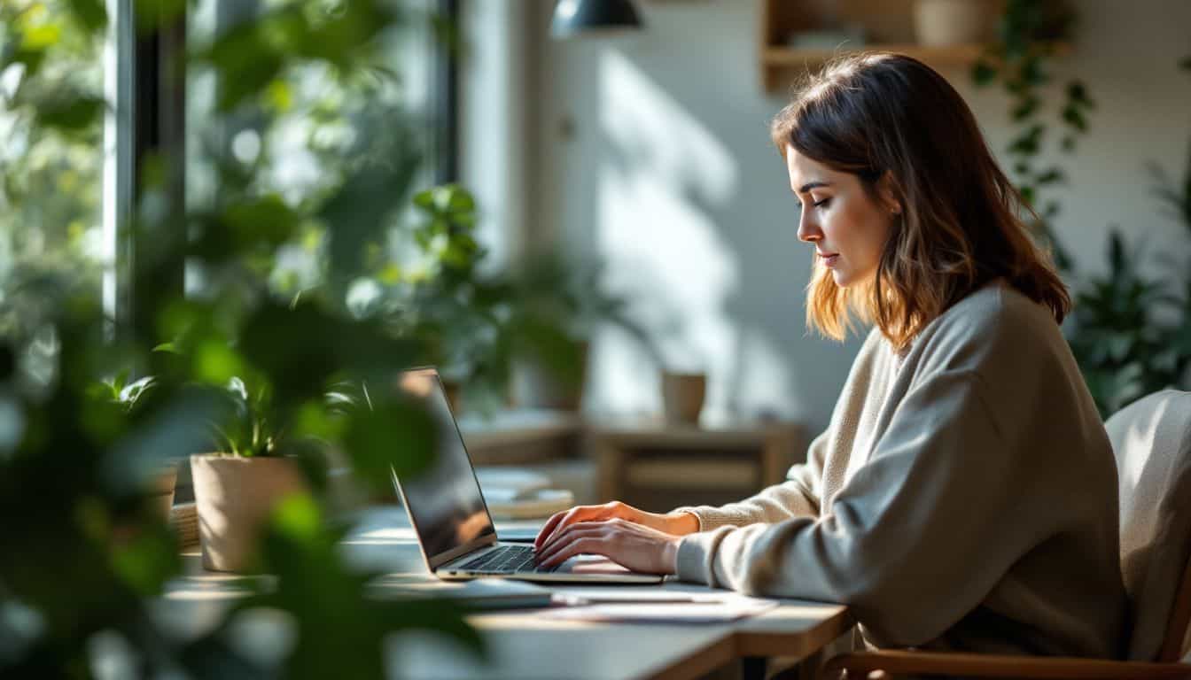 A woman in her late 30s is sitting at a desk in a comfortable home office, browsing eco-friendly products on her laptop.