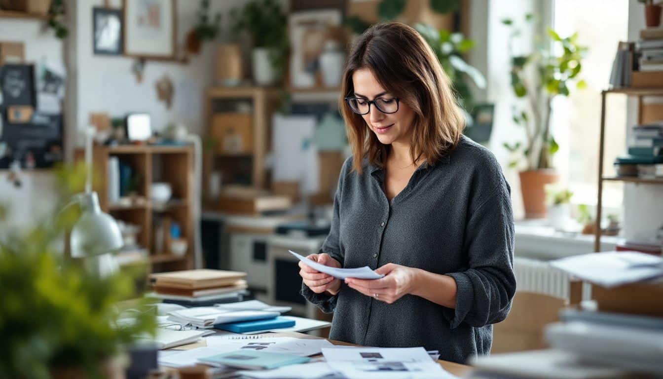 A woman reviews product samples in her cluttered home office.