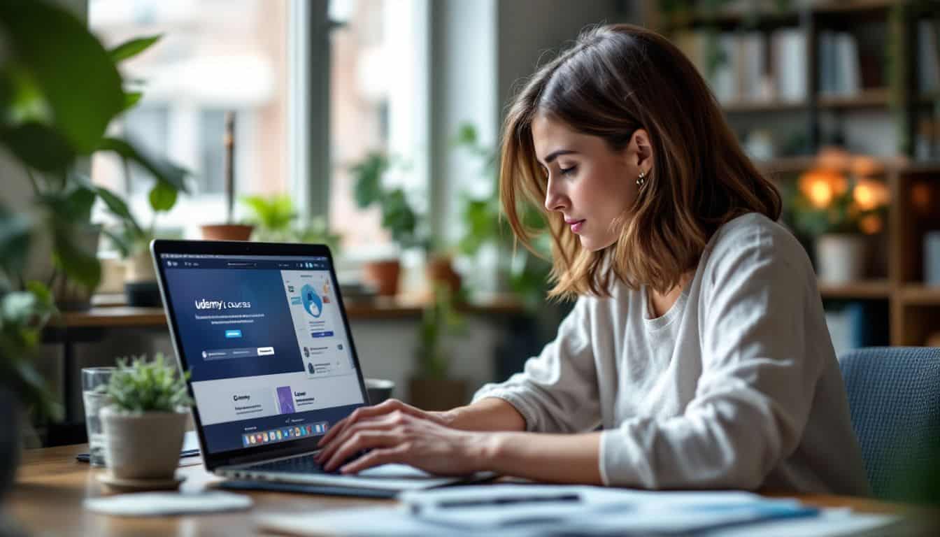 A woman in her 30s is working on her laptop in a cozy home office.