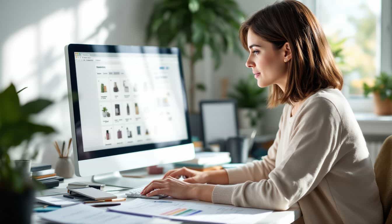 A woman at her cluttered desk researching e-commerce and content creation.